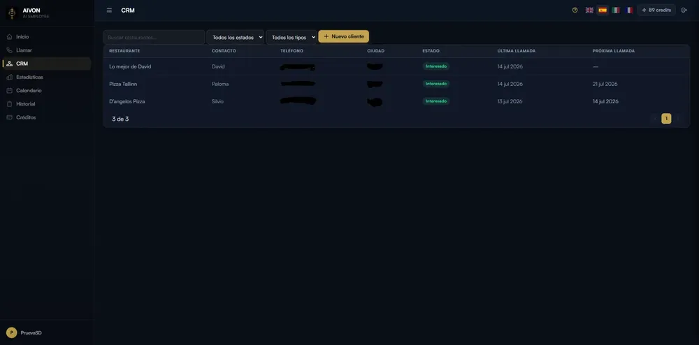 AI Employee CRM showing client list, their status and upcoming scheduled calls