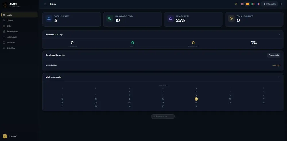 AI Employee main dashboard with call metrics, calendar and upcoming calls