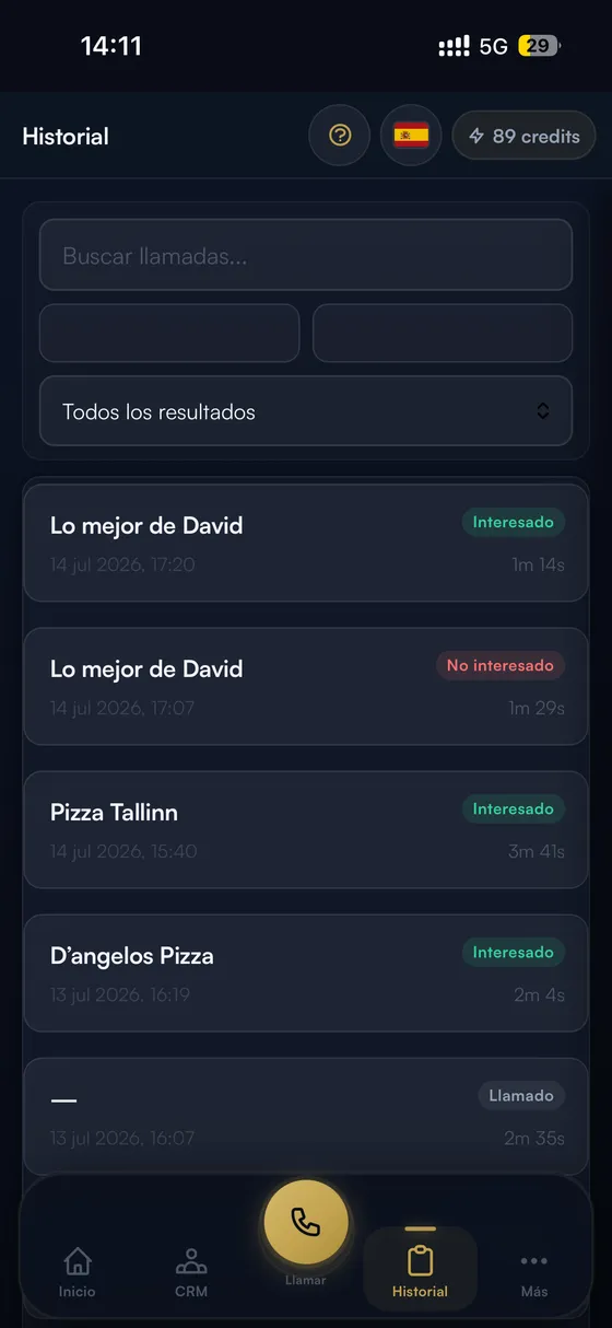 App history showing real calls: outcome, date and duration of each one